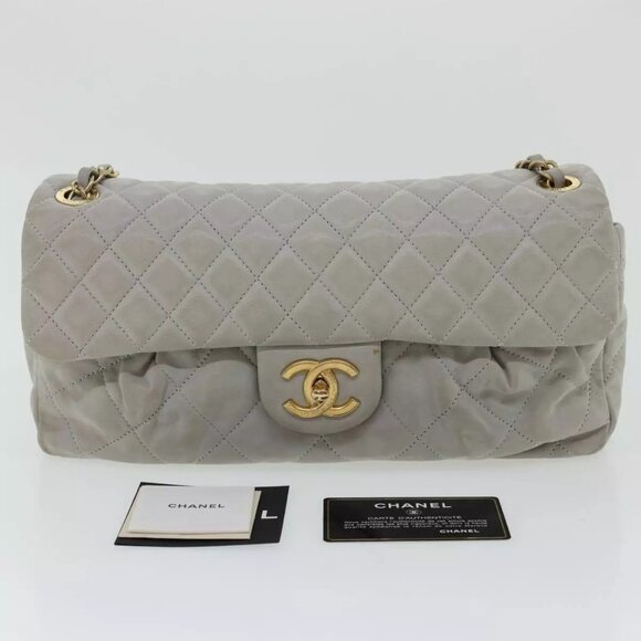 CHANEL Lamb Skin Matelasse Double Chain Shoulder Bag Gray CC Auth - Picture 14 of 16